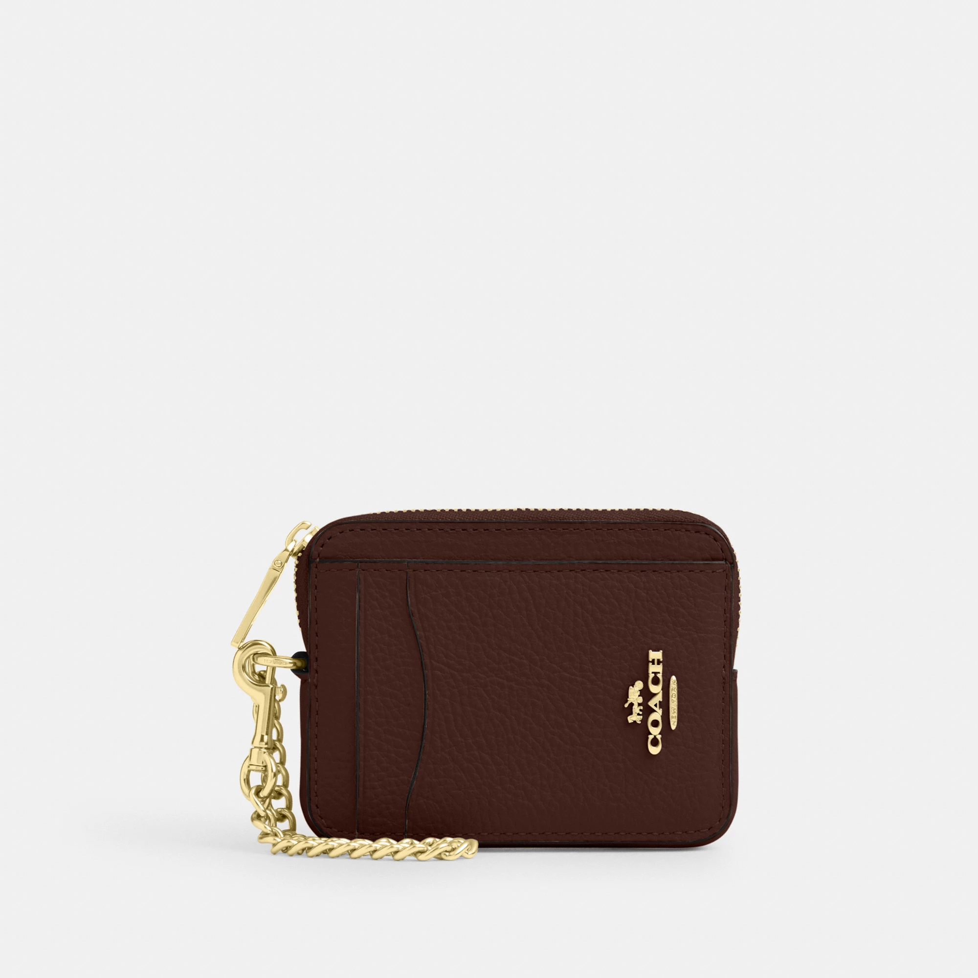 COACH®,Zip Card Case,Leather,Coin,Wristlet,Card Case,Gold Metal,Casual,Brown,Front View
