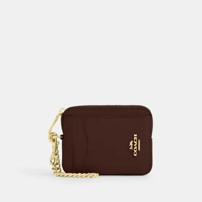COACH®,Zip Card Case,Leather,Coin,Wristlet,Card Case,Gold Metal,Casual,Brown,Front View