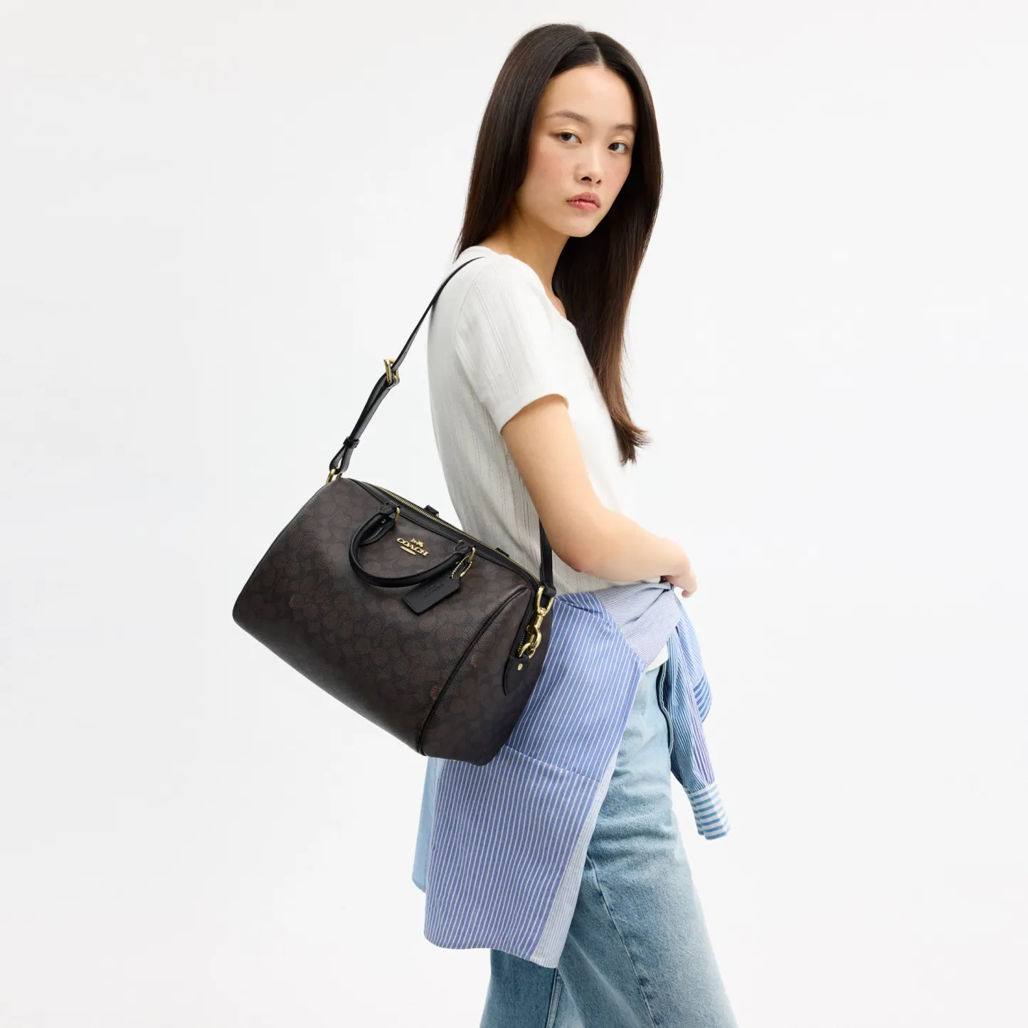 COACH®,Rowan Large Satchel Bag In Signature Canvas,Polyester,Leather,Canvas,Recycled Polyester,Satchel,Logo,Sustainable,Ad...,Brown,Detail View