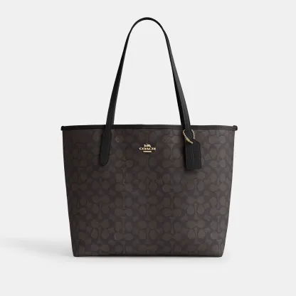 COACH®,City Tote Bag In Signature Canvas,Tote,Metal,Tag Embellishment,Color Block,Embossed,Piping,Logo,Casual,Multi Color,Front View