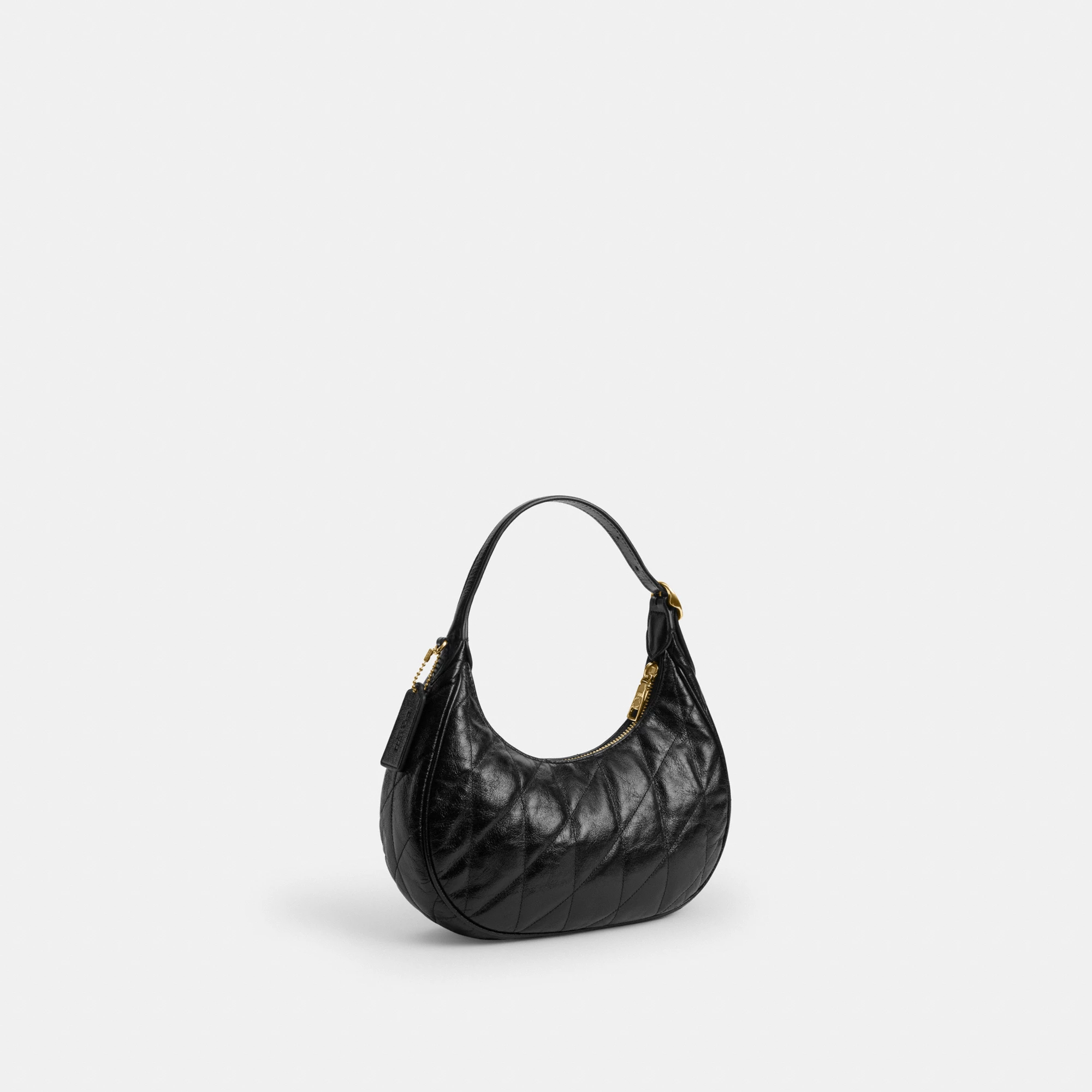 COACH®,Emily Shoulder Bag With Quilting,Recycled Polyester,Leather,Hobo,Pendant,Metal,Sustainable,Adjustable,Gold Metal,Da...,Black,Angle View