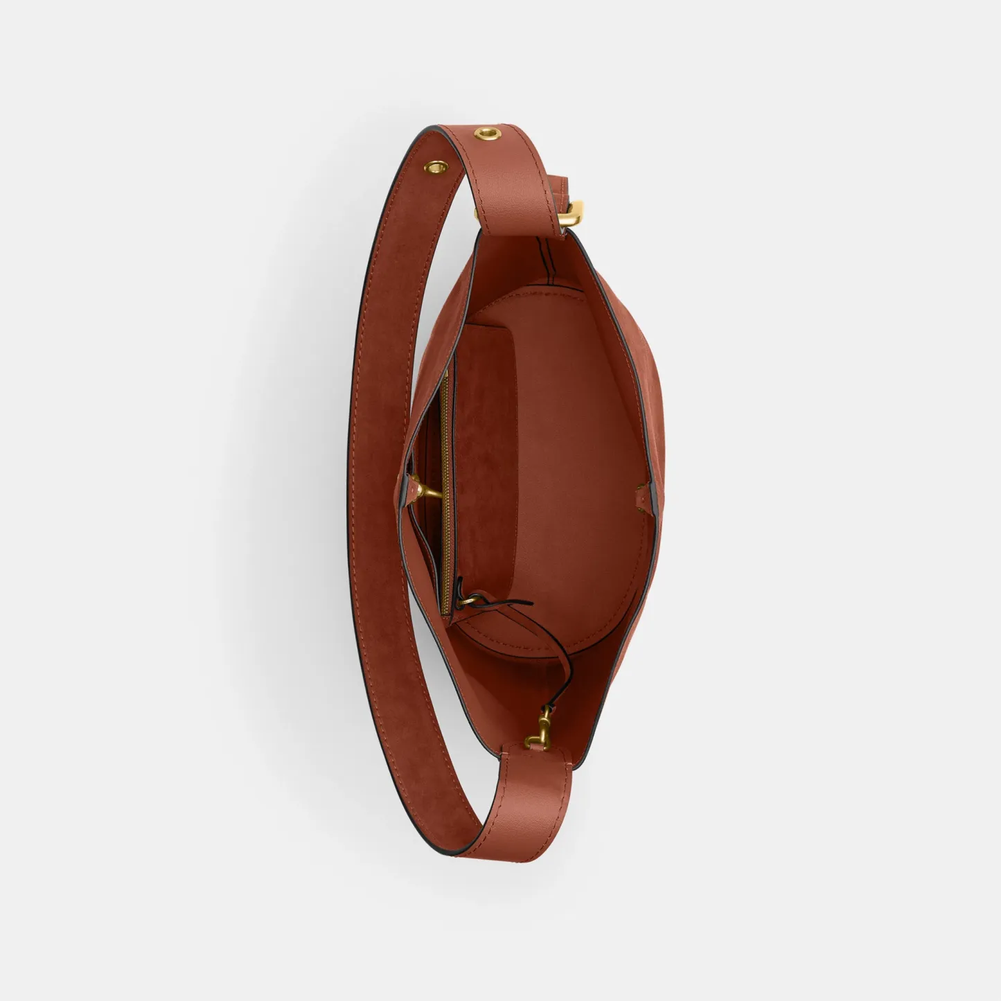COACH®,Bleecker Bucket Bag,Leather,Suede,Bucket,Hobo,Embellished,Lined,Adjustable,Gold Metal,Casual,Brown,Inside View,Top View