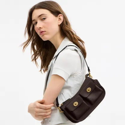 COACH®,Twin Turnlock Waverly Bag,Leather,Cotton,Shoulder Bag,Pendant,Compact,Gold Metal,Day Party,Brown,Detail View