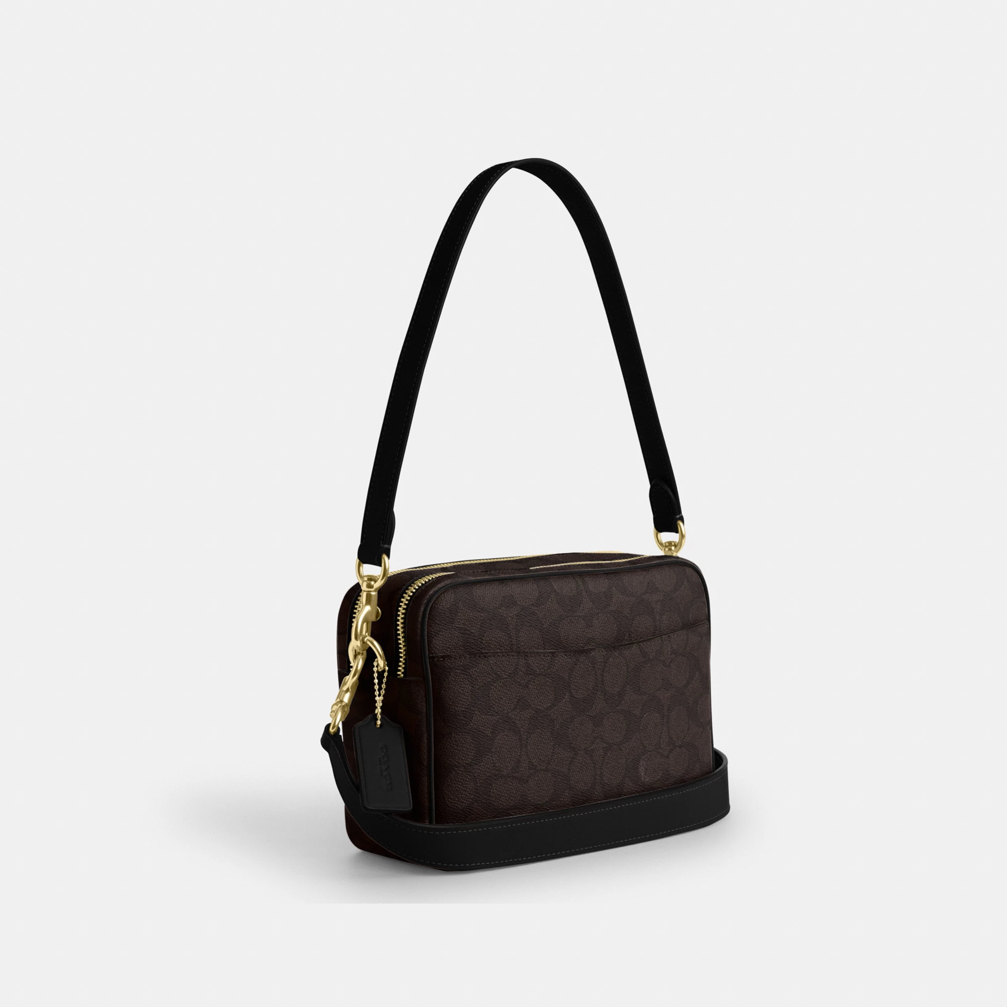 COACH®,Carey Crossbody Bag In Signature Canvas,Leather,Canvas,Recycled Polyester,Camera Bag,Metal,Logo,Sustainable,Gold Pl...,Brown,Angle View