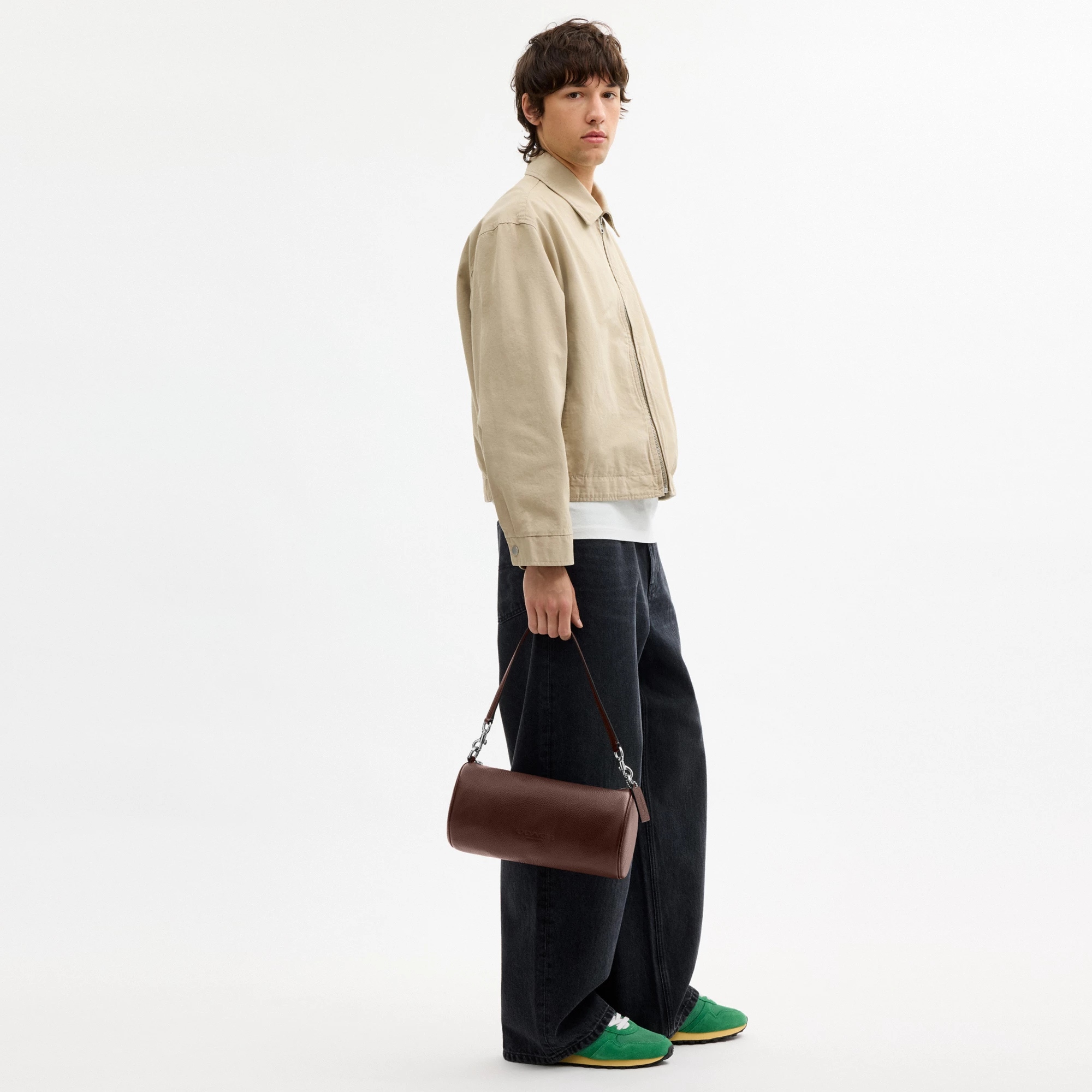 COACH®,Andre Barrel Bag 30,Leather,Recycled Polyester,Barrel Bag,Adjustable,Sustainable,Convertible,Durable Fabric,Silver ...,Brown,Detail View