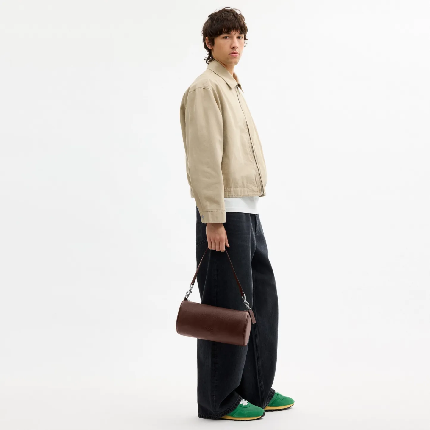 COACH®,Andre Barrel Bag 30,Leather,Recycled Polyester,Barrel Bag,Adjustable,Sustainable,Convertible,Durable Fabric,Silver ...,Brown,Detail View