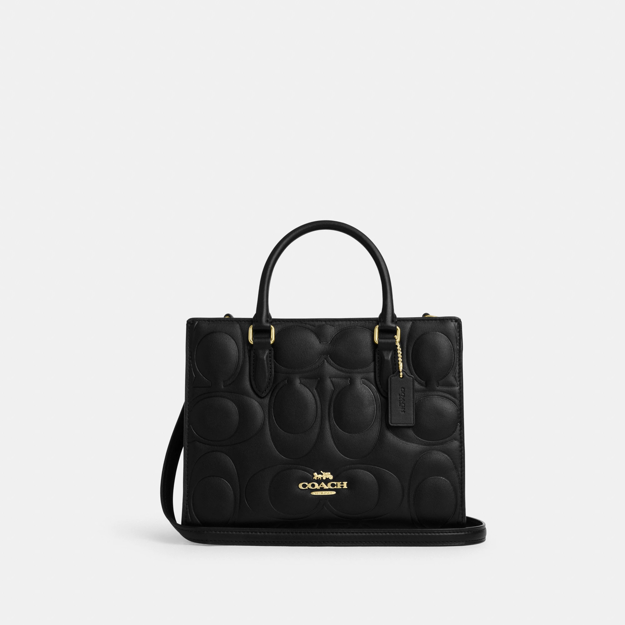 COACH®,Maggie Small Tote Bag In Signature Leather,Leather,Crossbody,Work,Black,Front View