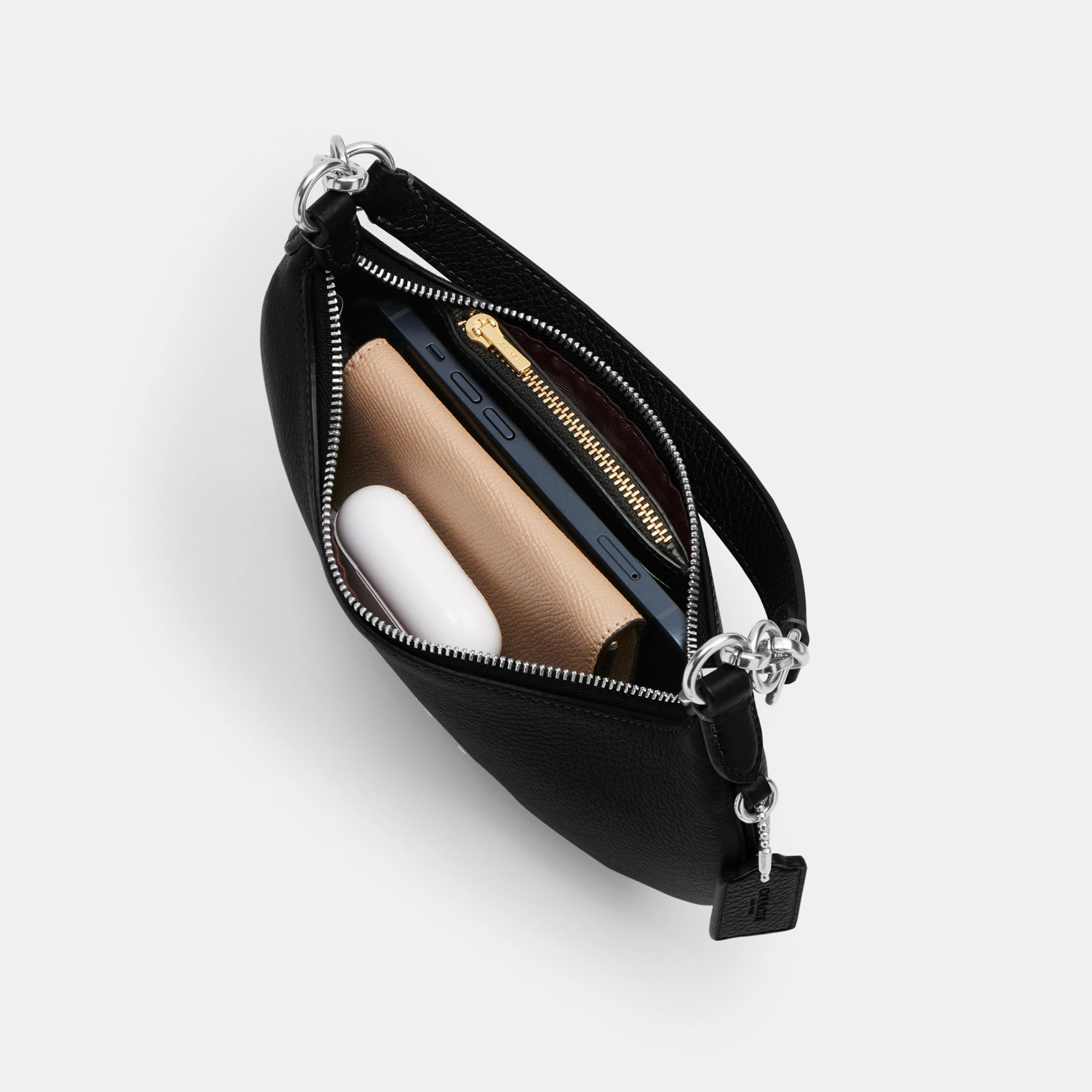 COACH®,Mini Payton Bag,Leather,Recycled Polyester,Shoulder Bag,Logo,Metal,Chain Detail,Compact,Gold Metal,Day Party,Black,Inside View,Top View