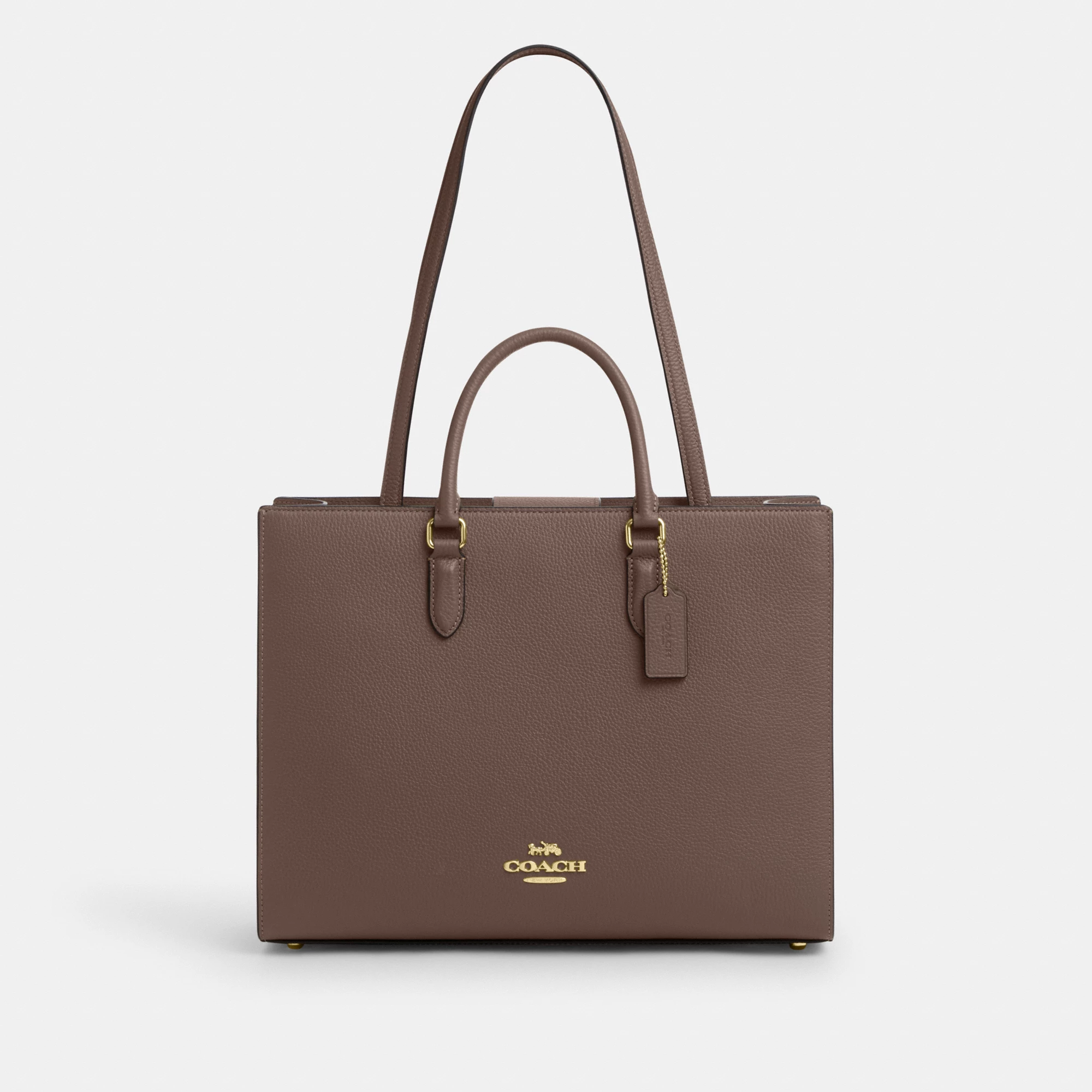 COACH®,Maggie Tote Bag,Leather,Tote,Logo,Embossed,Metal,Work,Brown,Front View