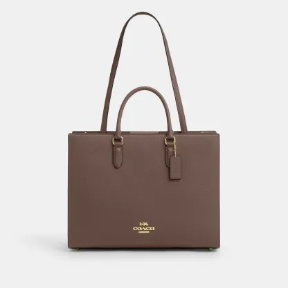 COACH®,Maggie Tote Bag,Leather,Tote,Logo,Embossed,Metal,Work,Brown,Front View