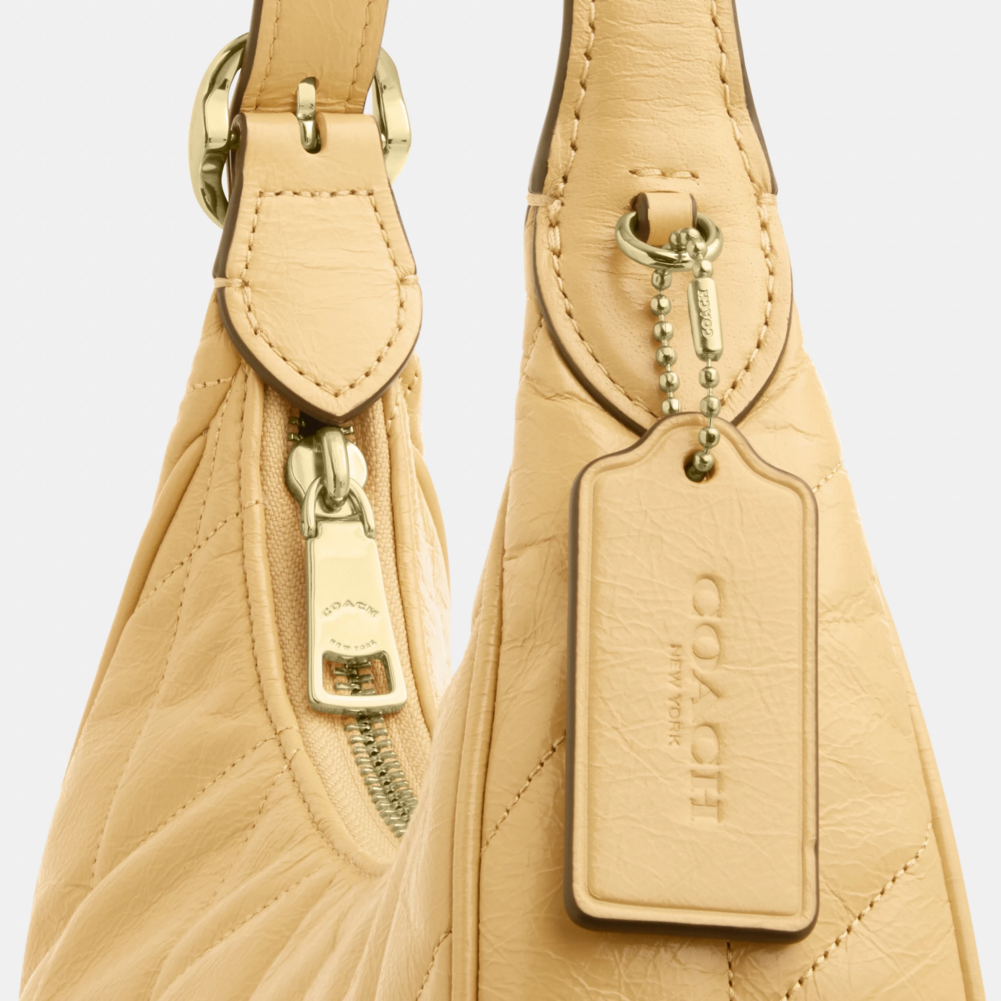 COACH®,Emily Shoulder Bag With Quilting,Recycled Polyester,Leather,Hobo,Pendant,Metal,Sustainable,Adjustable,Gold Metal,Da...,Beige,Closer View