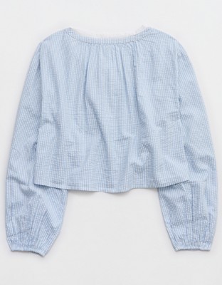 Aerie Seersucker Long Sleeve Volume Tie Top - Monaco Blue