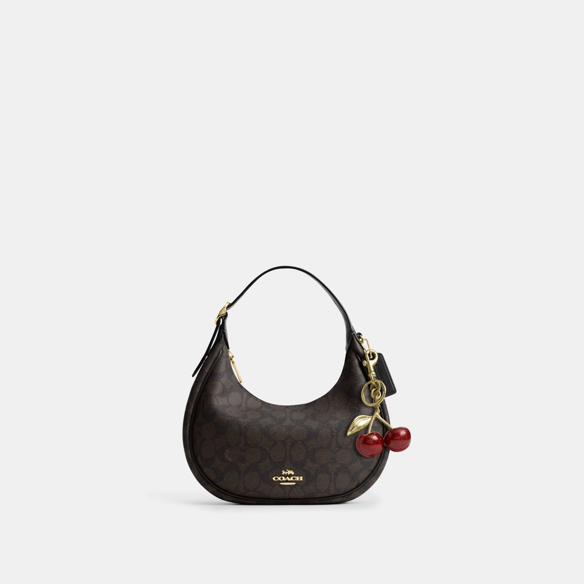 COACH®,Emily Shoulder Bag In Signature Canvas,Leather,Recycled Polyester,Canvas,Shoulder Bag,Metal,Pendant,Piping,Logo,Sus...,Black,Angle View
