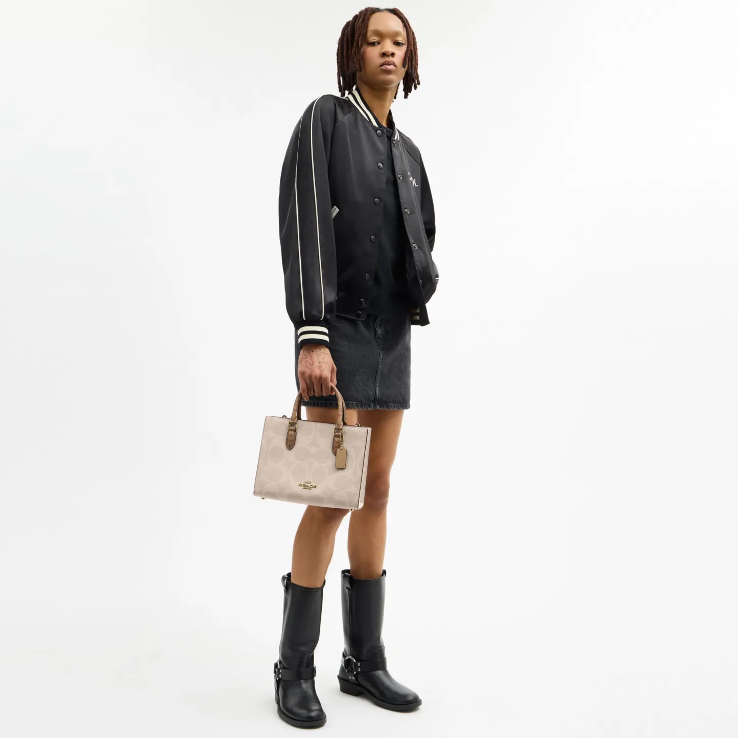 COACH®,Maggie Small Tote Bag In Blocked Signature Canvas,Leather,Canvas,Satchel,Casual,Beige,Detail View