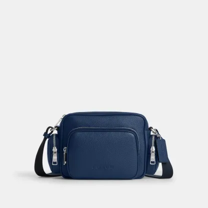 COACH®,Fletcher Crossbody Bag,Leather,Crossbody,Metal Material,Metal,Sustainable,Adjustable,Silver Metal,Casual,Blue,Front View