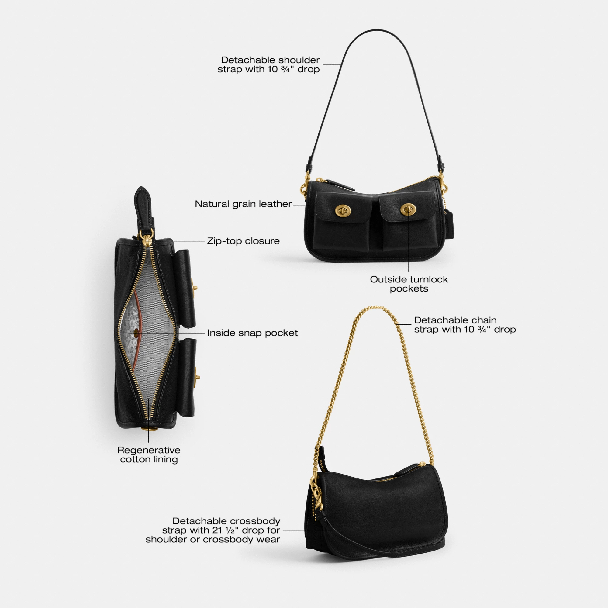 COACH®,Twin Turnlock Waverly Bag,Leather,Cotton,Shoulder Bag,Pendant,Compact,Gold Metal,Day Party,Black