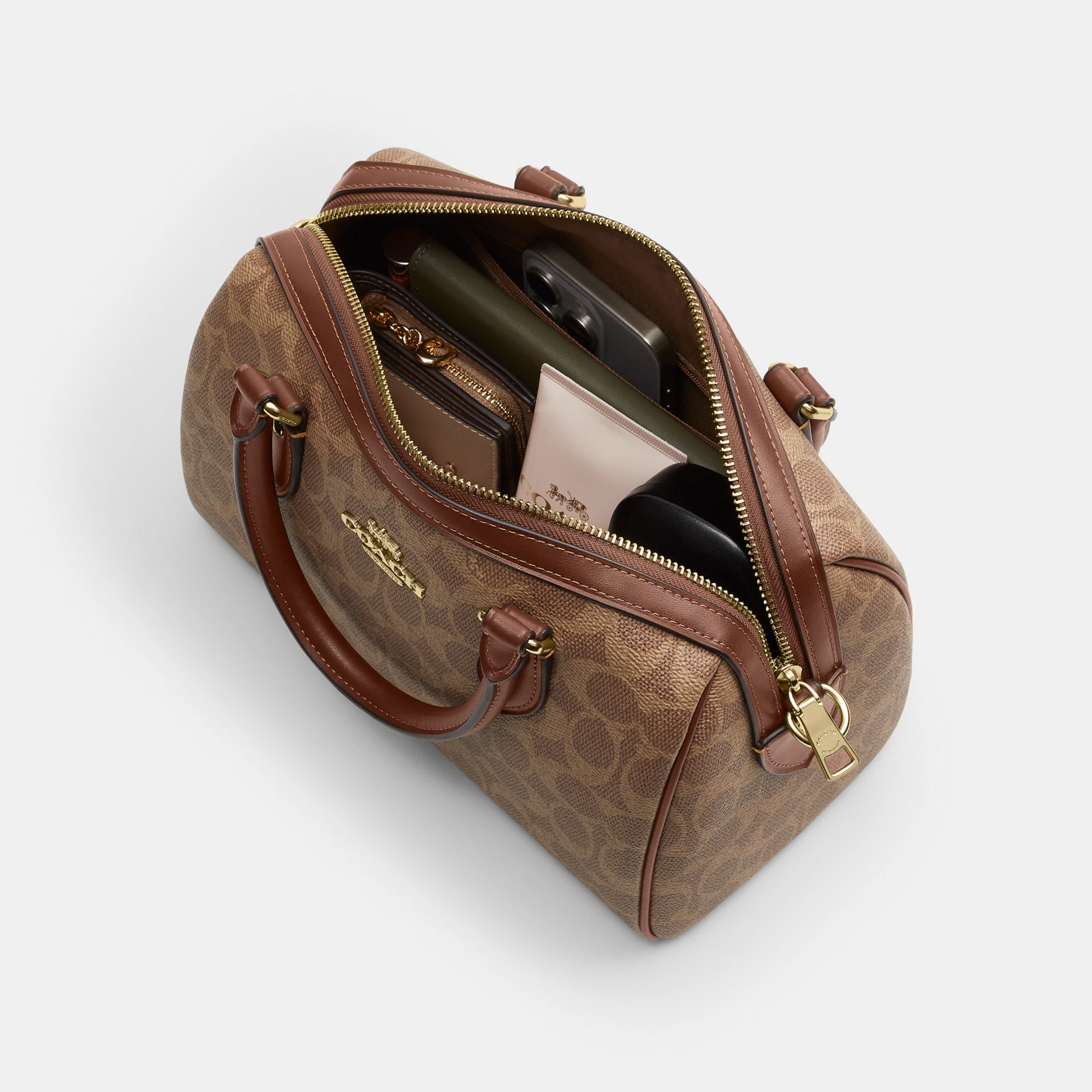 COACH®,Rowan Satchel Bag In Signature Canvas,Satchel,Piping,Casual,Work,Brown,Inside View,Top View