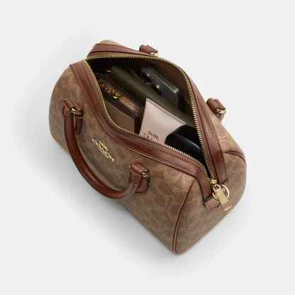 COACH®,Rowan Satchel Bag In Signature Canvas,Satchel,Piping,Casual,Work,Brown,Inside View,Top View