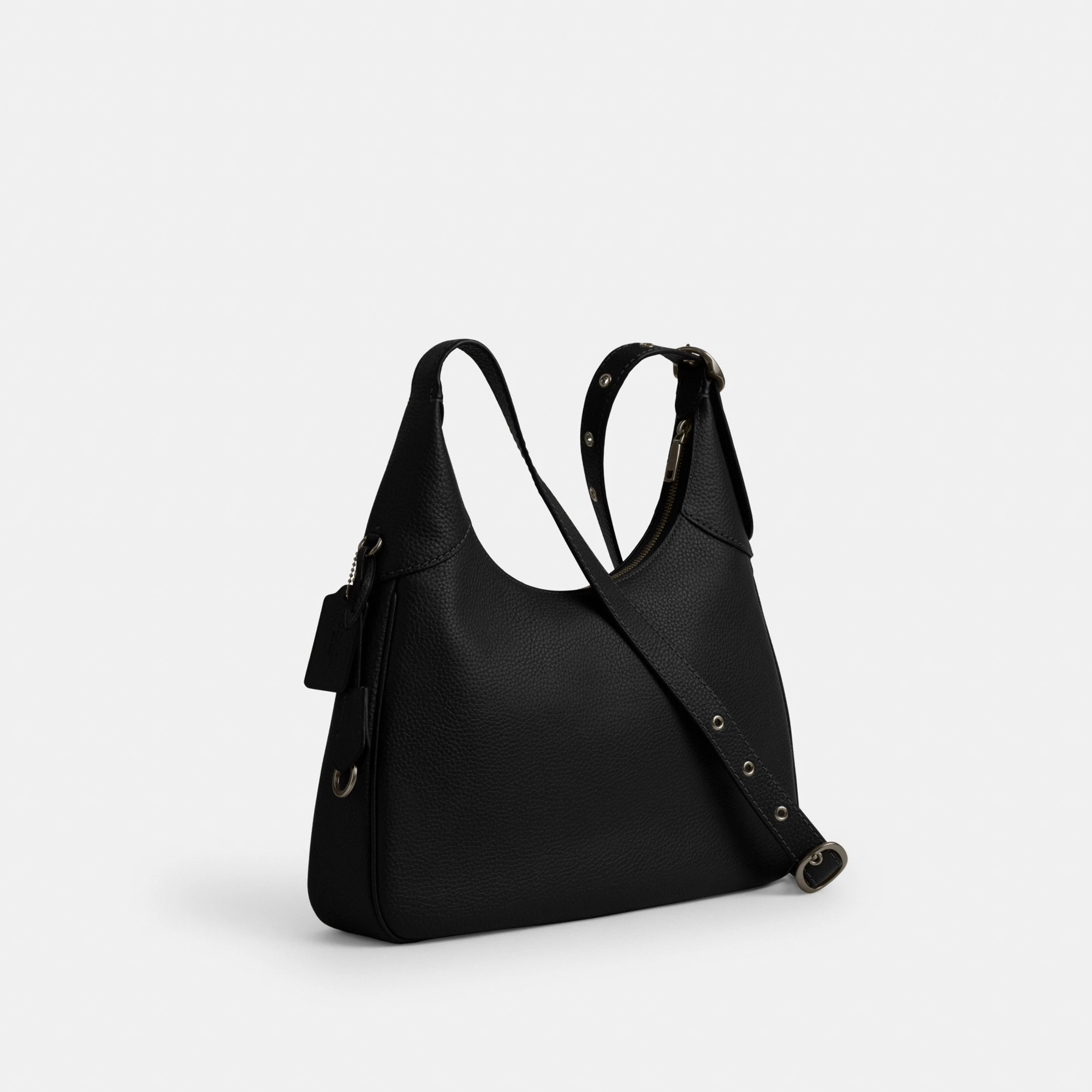 COACH®,Ella Shoulder Bag,Fabric,Leather,Hobo,Adjustable,Luggage Tag,Lined,Silver Metal,Casual,Black,Angle View