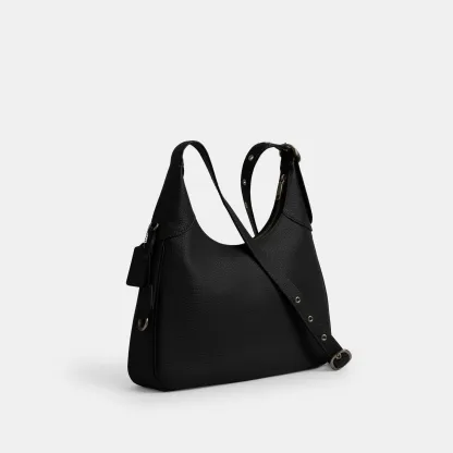 COACH®,Ella Shoulder Bag,Fabric,Leather,Hobo,Adjustable,Luggage Tag,Lined,Silver Metal,Casual,Black,Angle View