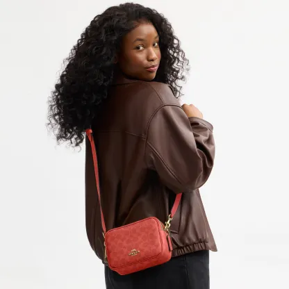 COACH®,Mini Carey Crossbody Bag In Signature Canvas,Polyester,Leather,Canvas,Crossbody,Metal Material,Logo,Metal,Piping,Pe...,Red