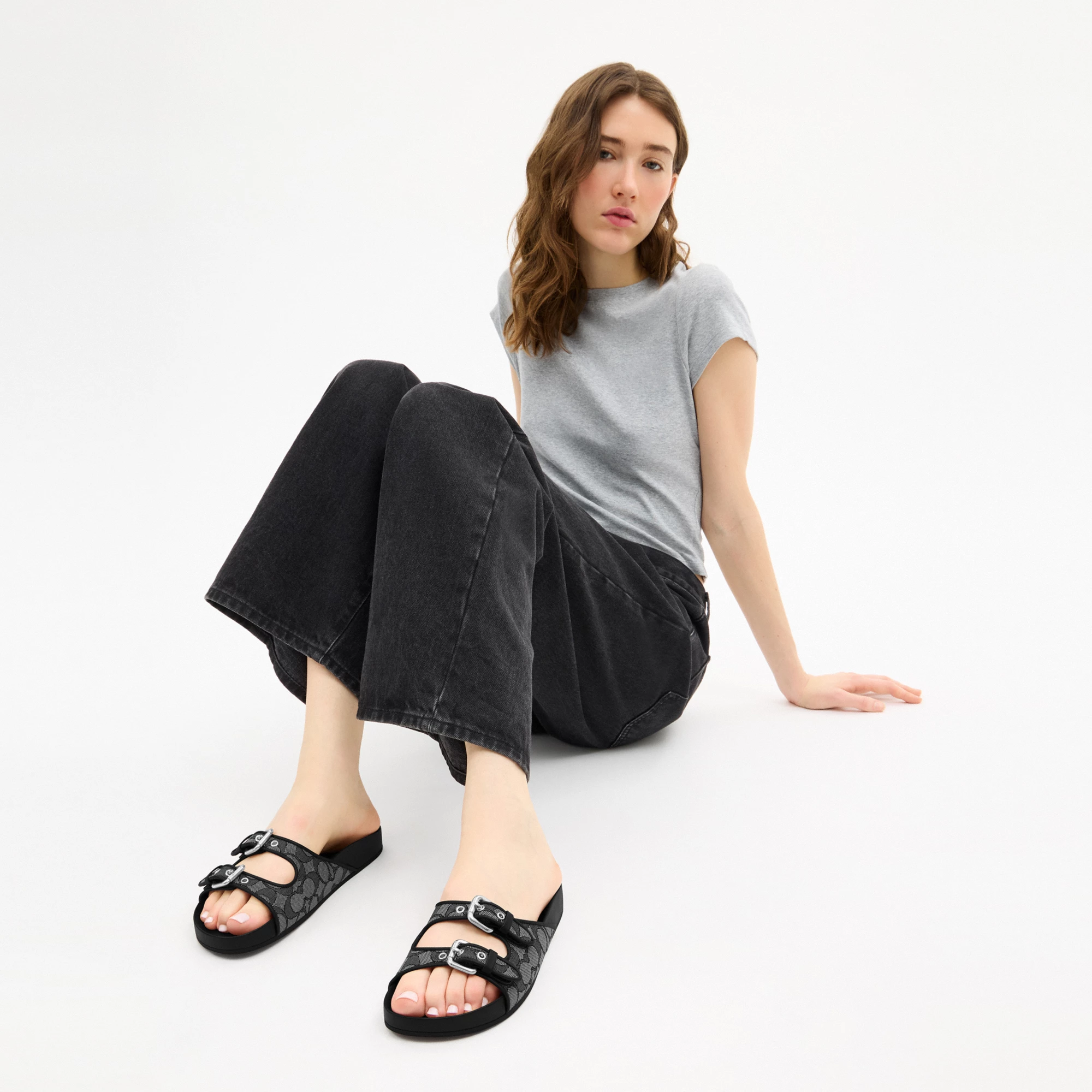 COACH®,Two Band Buckle Sandal In Signature Jacquard,Recycled Polyester,Cotton,Rubber,Polyester,Recycled Cotton,Slides,Fabr...,Black,Detail View