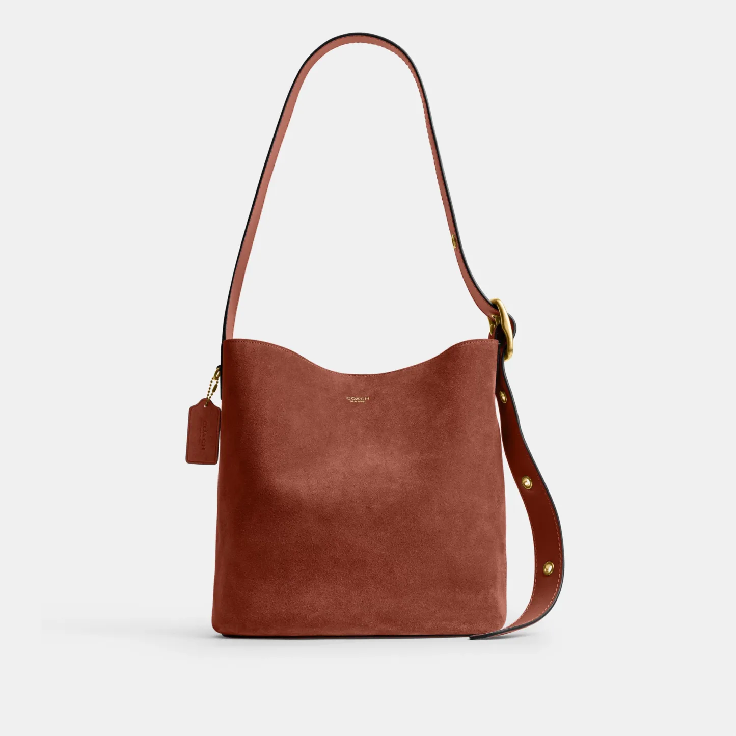 COACH®,Bleecker Bucket Bag,Leather,Suede,Bucket,Hobo,Embellished,Lined,Adjustable,Gold Metal,Casual,Brown,Front View