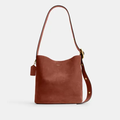 COACH®,Bleecker Bucket Bag,Leather,Suede,Bucket,Hobo,Embellished,Lined,Adjustable,Gold Metal,Casual,Brown,Front View