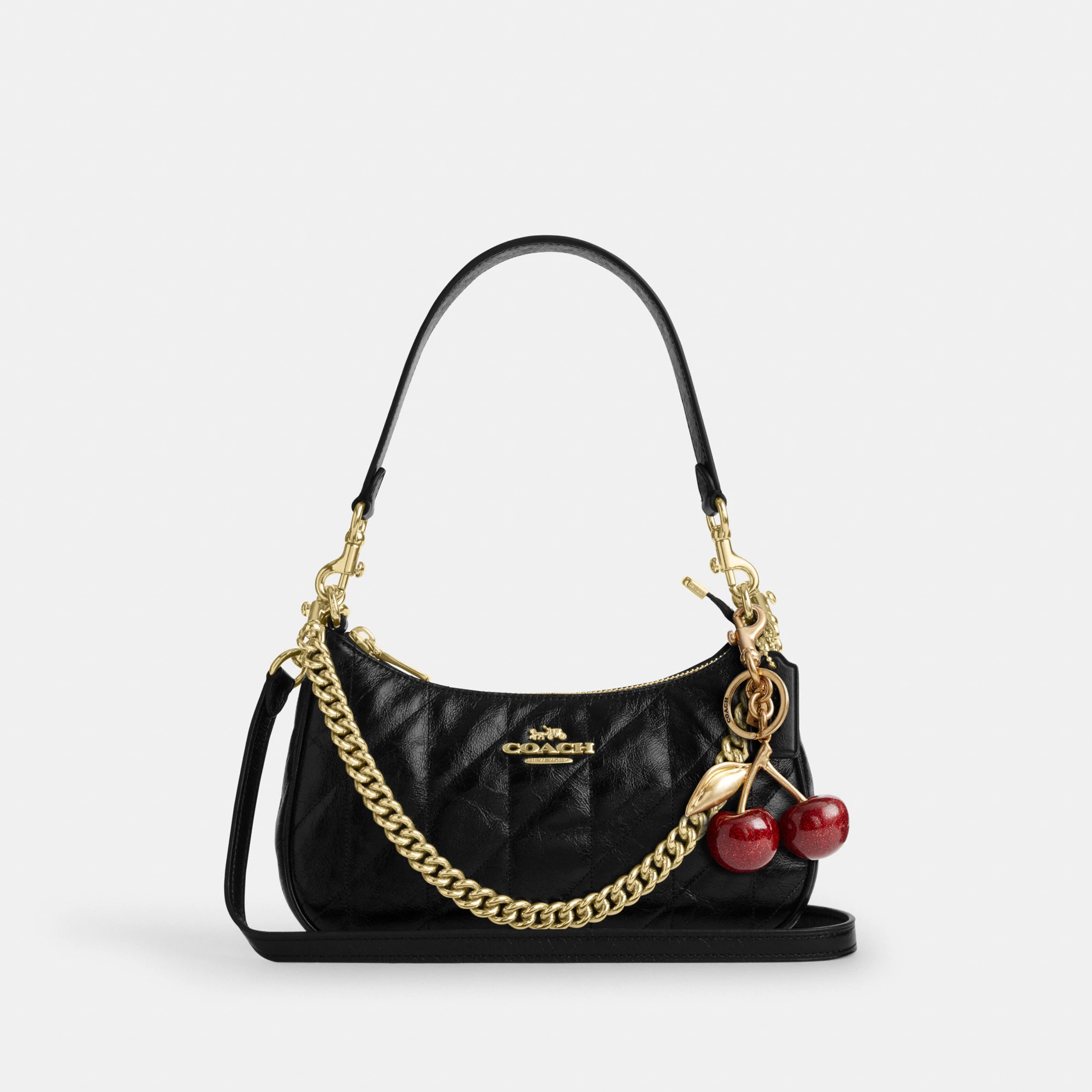 COACH®,Teri Shoulder Bag With Quilting,Recycled Polyester,Leather,Shoulder Bag,Metal,Logo,Silver Metal,Casual,Black,Angle View