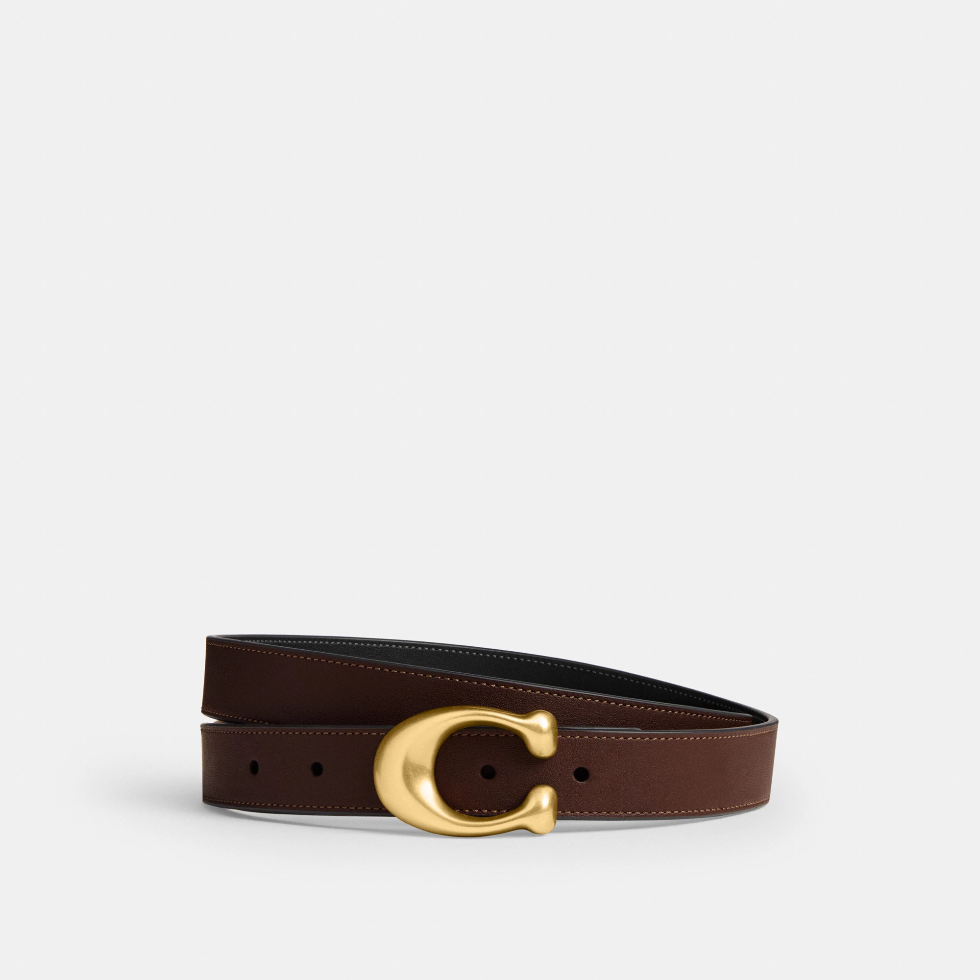 COACH®,Sculpted C Buckle Reversible Belt, 25 Mm,Leather,Standard,Metal Material,Logo,Metal,Reversible,Brass Gold,Day Party,Brown,Front View