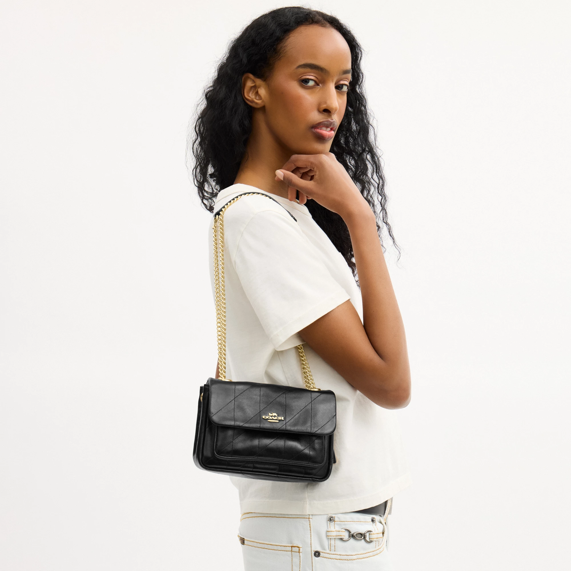 COACH®,Elodie Crossbody Bag 18 With Quilting,Leather,Recycled Polyester,Polyester,Crossbody,Metal Material,Metal,Logo,Sust...,Black,Detail View