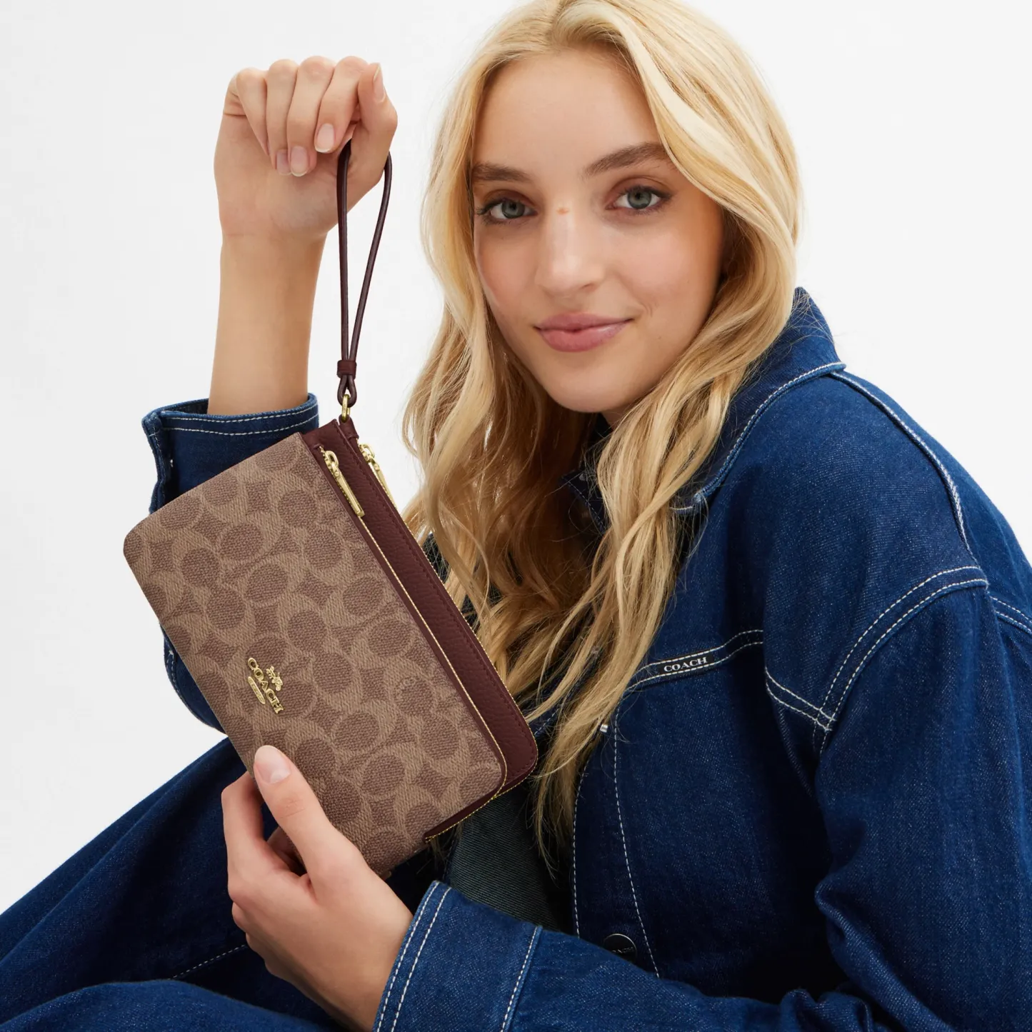COACH®,Double Zip Wallet In Signature Canvas,Continental,Coin,Color Block,Casual,Multi Color,Detail View