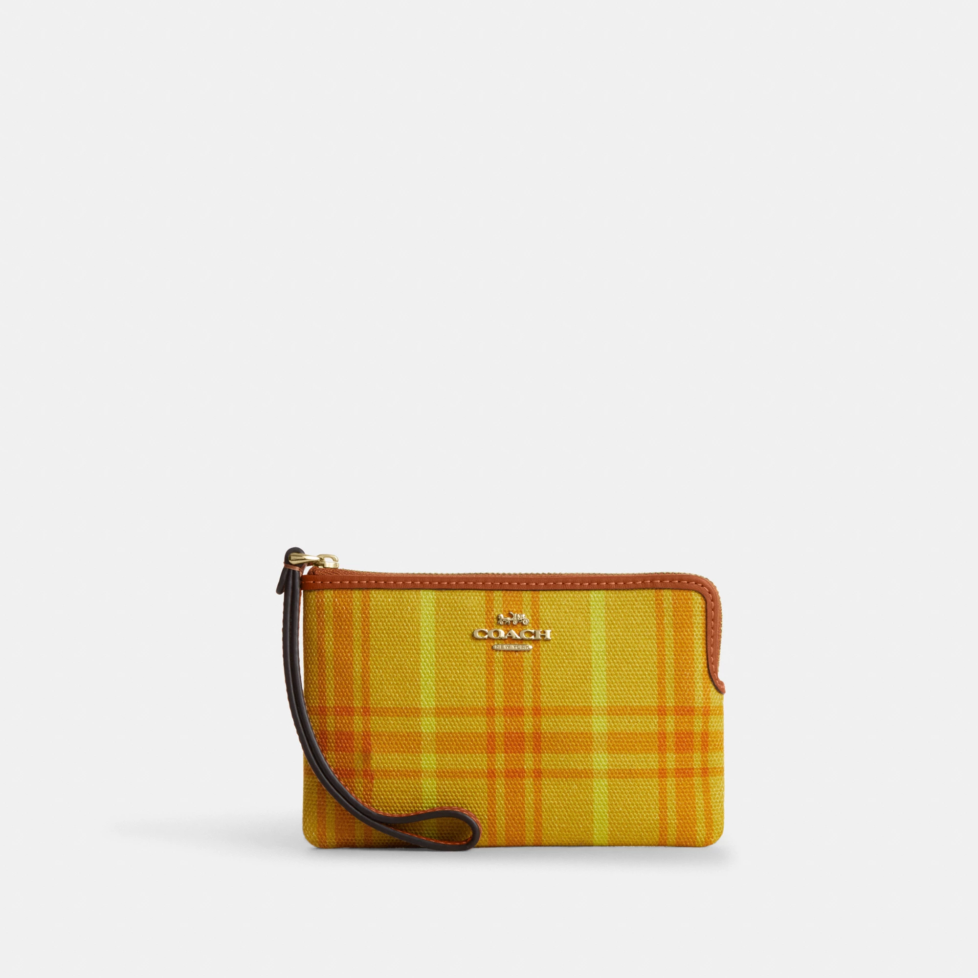 COACH®,Corner Zip Wristlet In Regenerative Cotton With Plaid Print,Yellow,Front View
