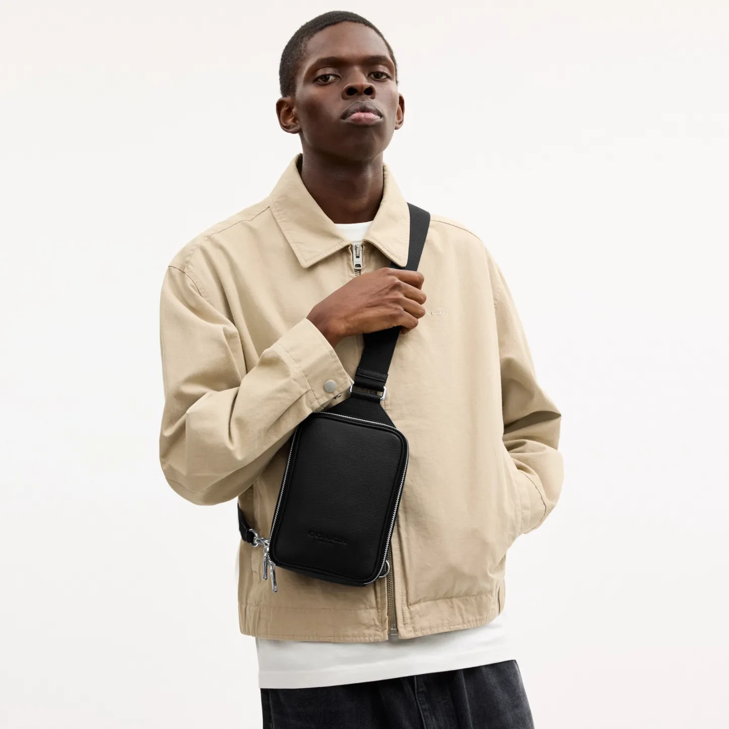 COACH®,Ray Pack,Recycled Polyester,Leather,Crossbody,Slingback,Metal Material,Logo,Adjustable,Silver Metal,Casual,Black,Detail View