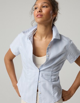 OFFLINE By Aerie Oxford Slim Short Sleeve Button Up Shirt - Eyelet Blue