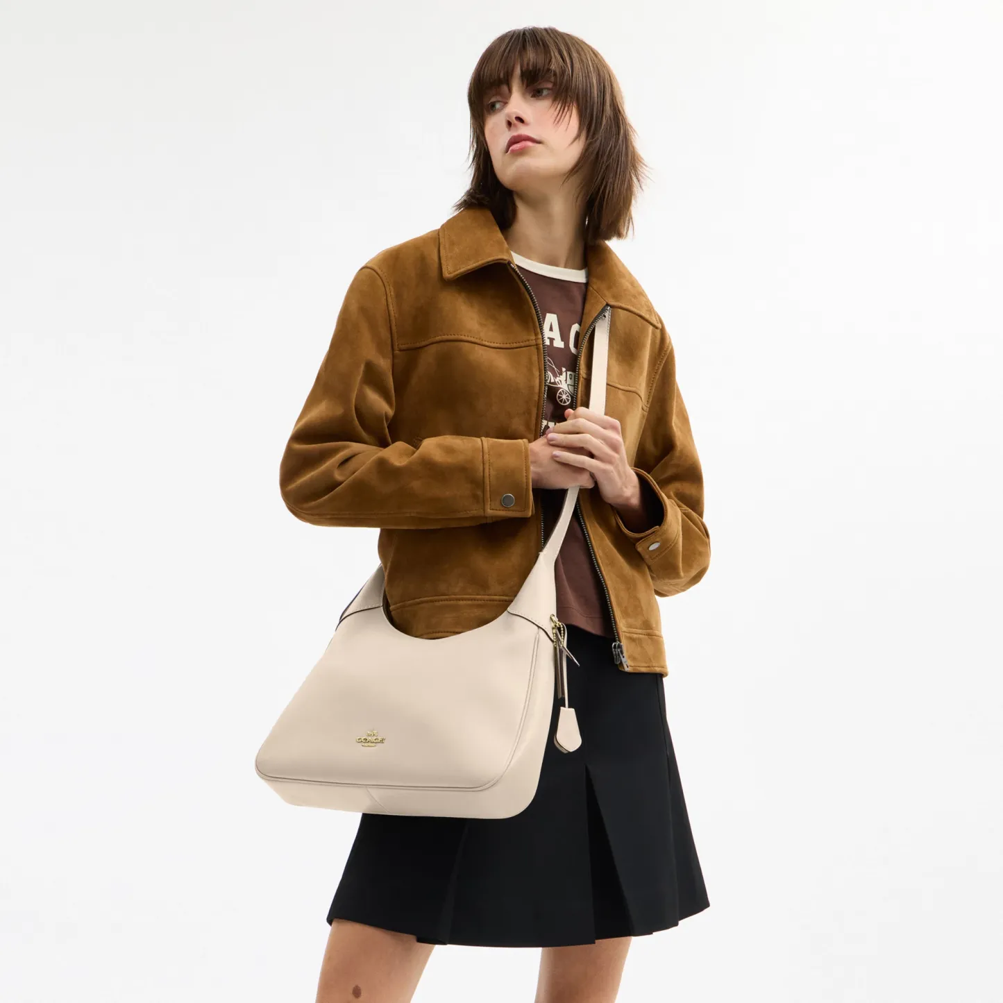 COACH®,Ella Shoulder Bag,Leather,Shoulder Bag,Adjustable,Lined,Gold Metal,Casual,Beige,Detail View