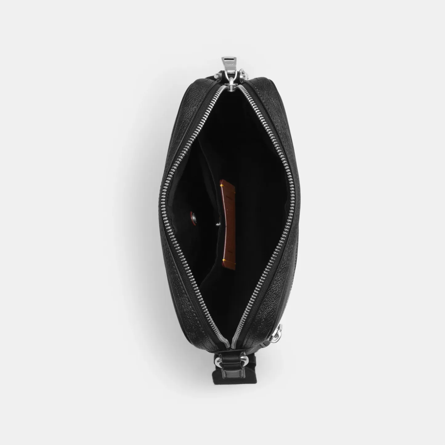 COACH®,Tristan Crossbody Bag 22 In Signature Canvas,Recycled Polyester,Canvas,Leather,Crossbody,Logo,Adjustable,Silver Met...,Black,Inside View,Top View