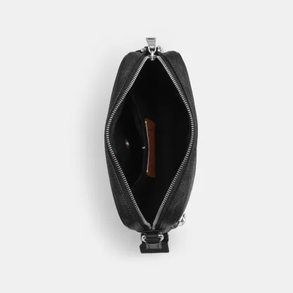 COACH®,Tristan Crossbody Bag 22 In Signature Canvas,Recycled Polyester,Canvas,Leather,Crossbody,Logo,Adjustable,Silver Met...,Black,Inside View,Top View