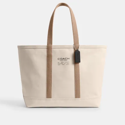 COACH®,Utility Tote,Canvas,Leather,Tote,Word Embellishment,Logo,Sustainable,Casual,Cream,Front View