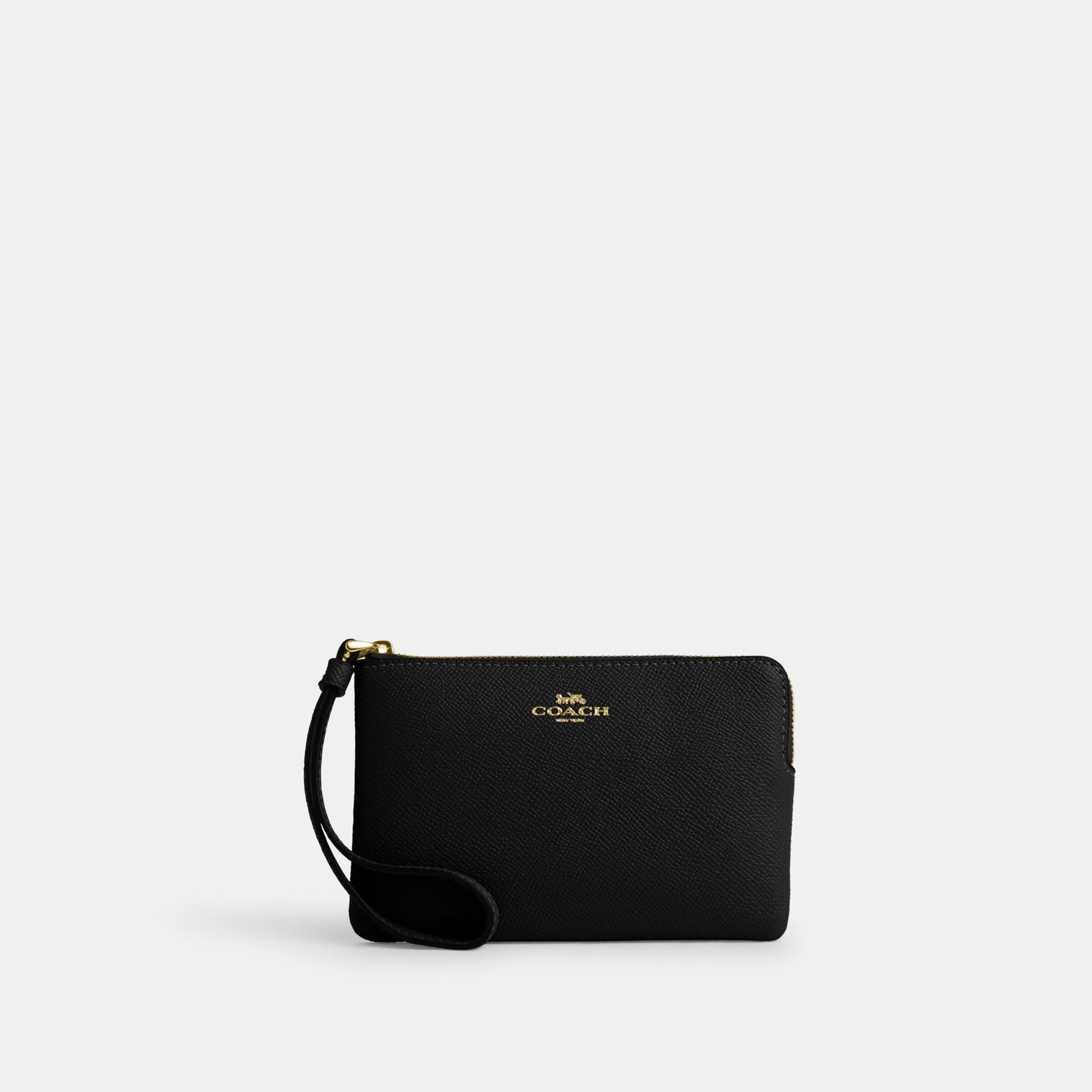 COACH®,Corner Zip Wristlet,Leather,Pouch,Wristlet,Word Embellishment,Logo,Black,Front View