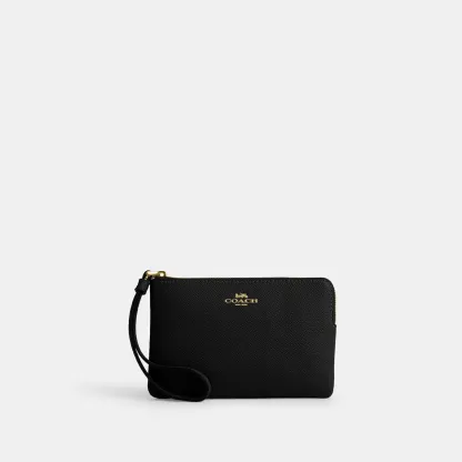 COACH®,Corner Zip Wristlet,Leather,Pouch,Wristlet,Word Embellishment,Logo,Black,Front View