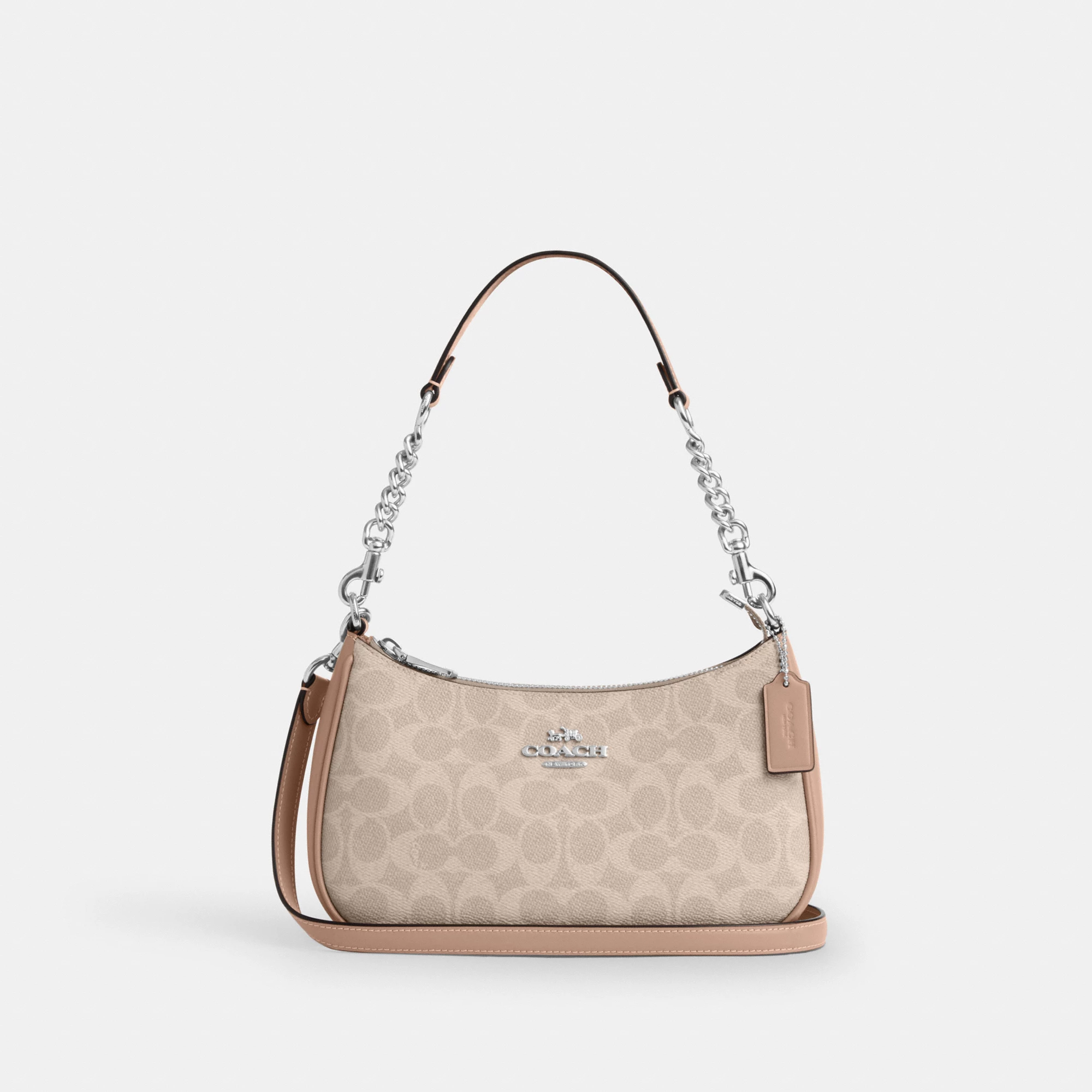 COACH®,Teri Shoulder Bag In Signature Canvas,Shoulder Bag,Logo,Tag Embellishment,Embossed,Metal,Casual,Beige,Front View
