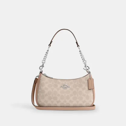 COACH®,Teri Shoulder Bag In Signature Canvas,Shoulder Bag,Logo,Tag Embellishment,Embossed,Metal,Casual,Beige,Front View