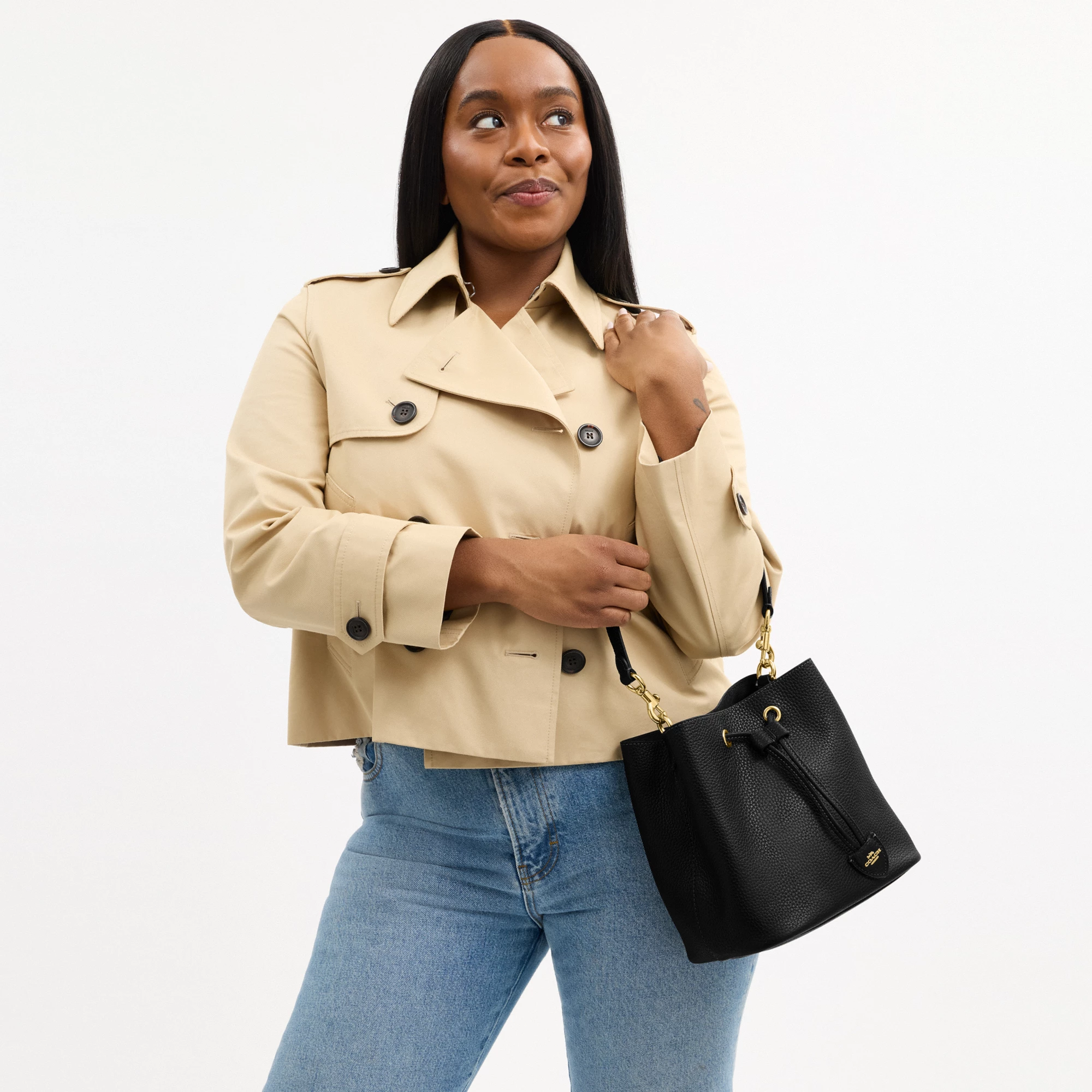 COACH®,Rowan Bucket Bag,Leather,Bucket,Metal,Logo,Casual,Black,Detail View