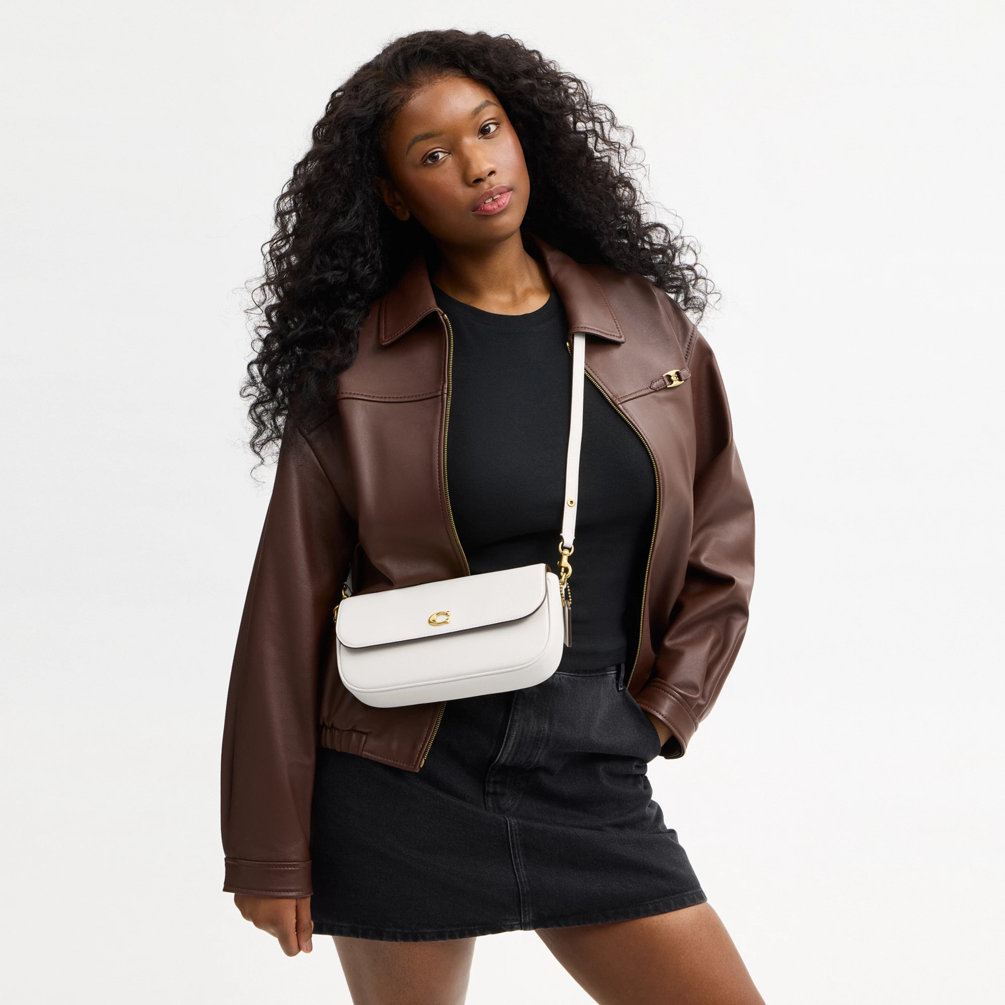 COACH®,Brook Flap Chain Bag,Calfskin Leather,Leather,Fabric,Shoulder Bag,Logo,Metal,Compact,Adjustable,Shoulder Guard,Gold...,White