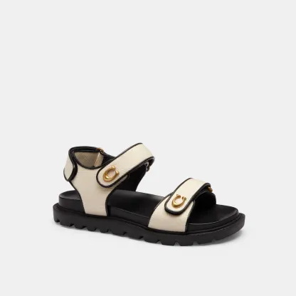 COACH®,Brynn Sandal,Canvas,EVA,Leather,Sandals,Fabric,Foam,Logo,Metal,Piping,Pull Tab,Casual,Cream,Front View