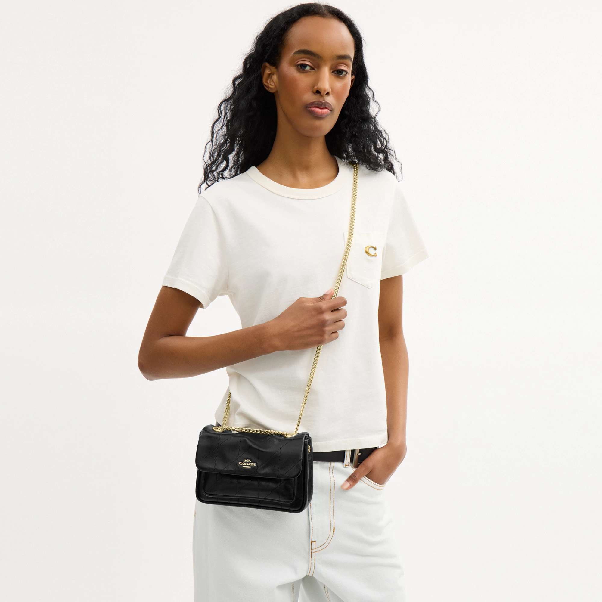 COACH®,Elodie Crossbody Bag 18 With Quilting,Leather,Recycled Polyester,Polyester,Crossbody,Metal Material,Metal,Logo,Sust...,Black