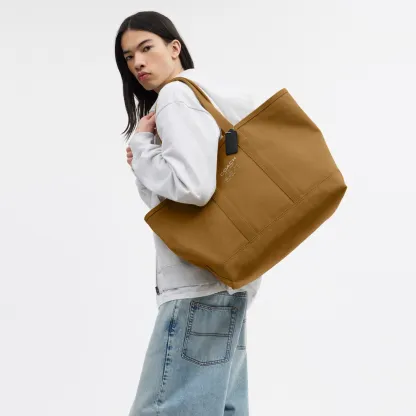 COACH®,Utility Tote,Canvas,Leather,Tote,Word Embellishment,Logo,Sustainable,Casual,Brown,Detail View
