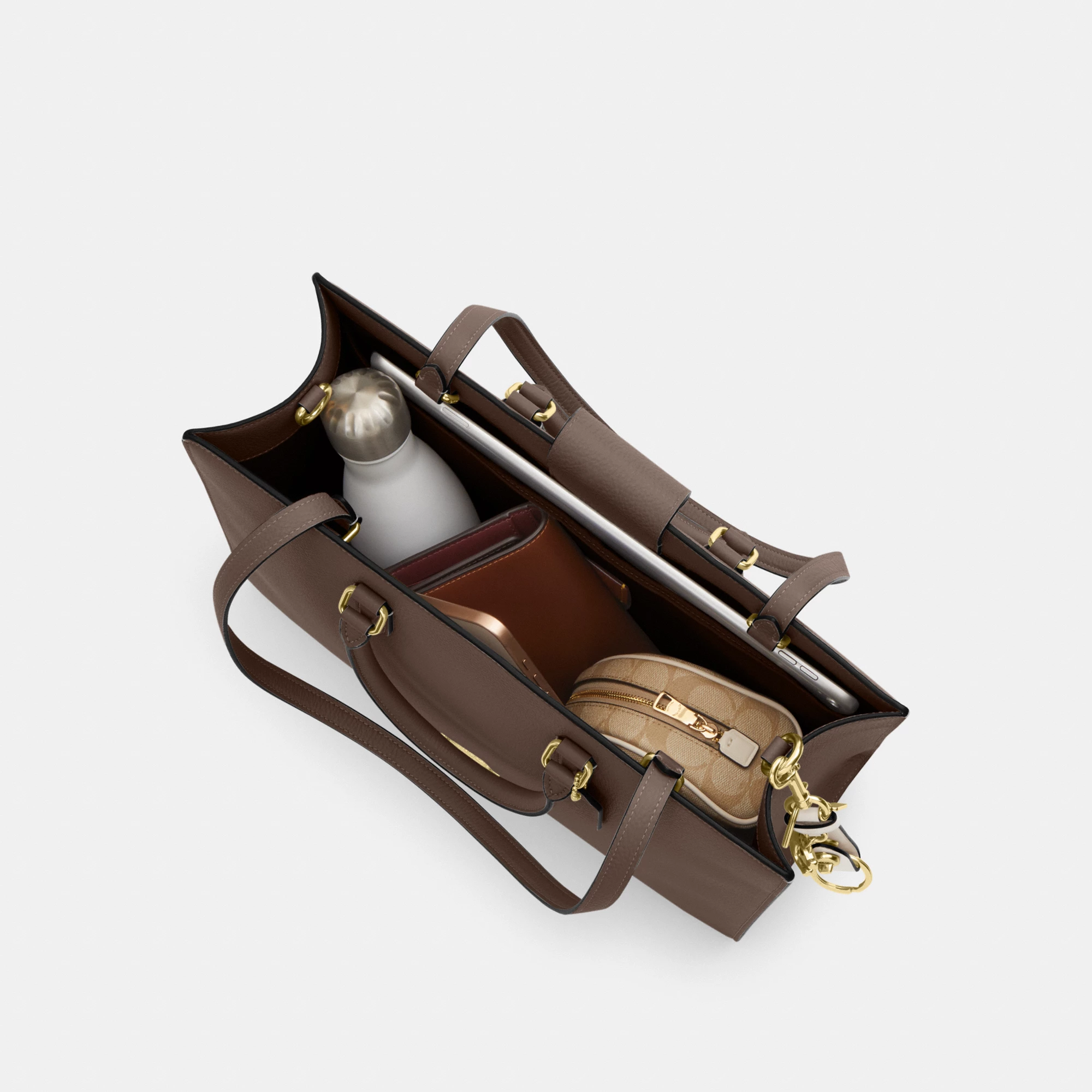 COACH®,Maggie Tote Bag,Leather,Tote,Logo,Embossed,Metal,Work,Brown,Inside View,Top View