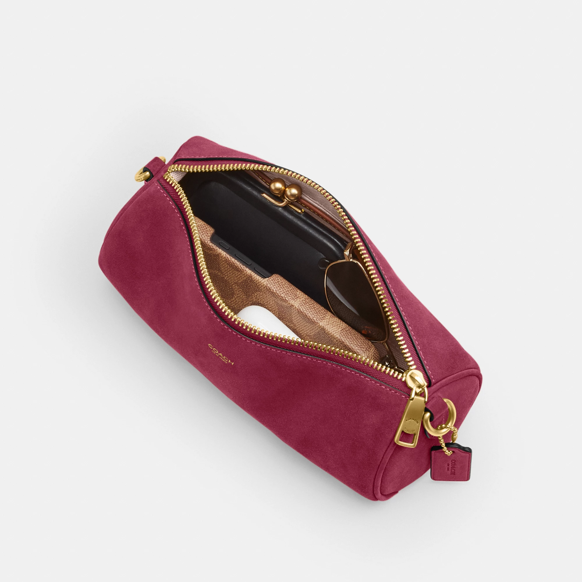 COACH®,Barrel Bag,Calfskin Leather,Suede,Barrel Bag,Pendant,Lined,Adjustable,Brass,Casual,,Inside View,Top View